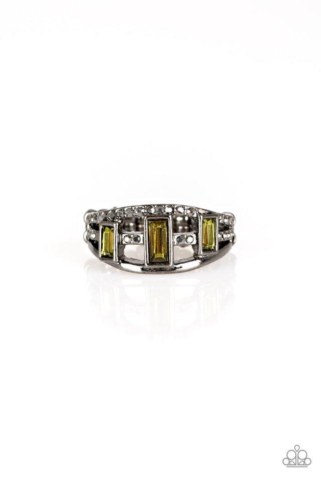 Noble Nova - Green and Black Metal Ring - Paparazzi Accessories - Three green emerald-cut rhinestones are encrusted along three gunmetal bands radiating with smooth surfaces and sections of glittery hematite rhinestones for an edgy fashion ring.