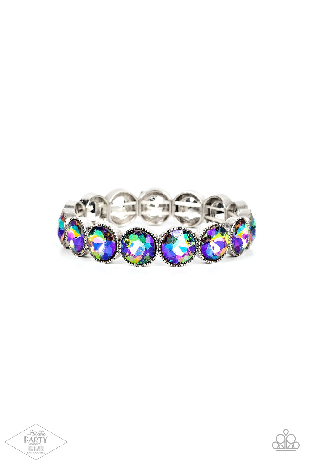 Number One Knockout - Oil Spill - Iridescent Gem Bracelet - Paparazzi Accessories - Faceted oil spill-like iridescent gems are pressed into sleek silver frames. The glittery frames are threaded along elastic stretchy bands, creating a glamorous look around the wrist. Sold as one individual bracelet.