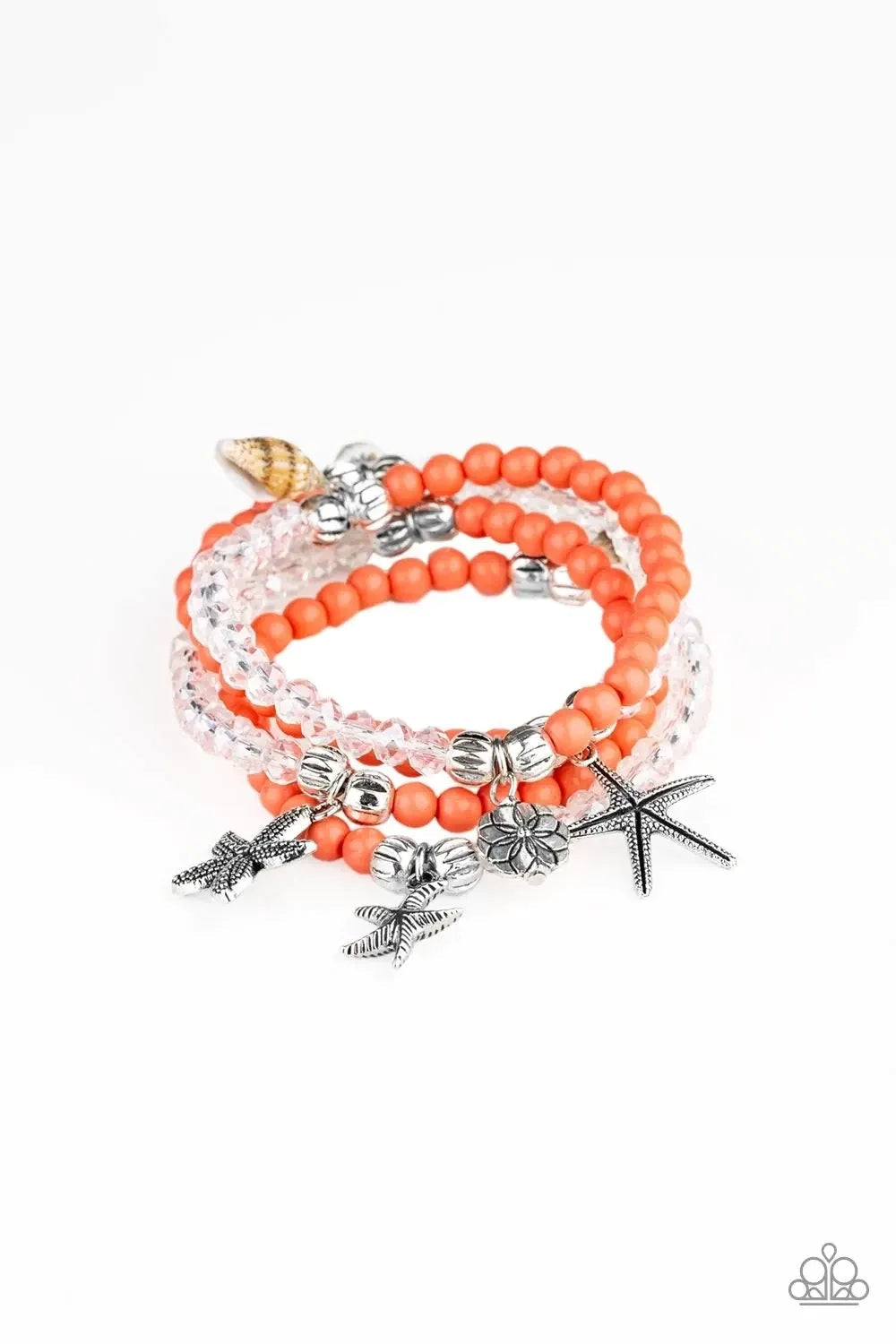 Ocean Breeze - Orange and Silver Bracelet - Paparazzi Accessories - A collection of polished coral and glassy crystal-like beads are threaded along stretchy bands, creating colorful layers across the wrist. Infused with ornate silver beads, an assortment of decorative starfish, floral charms, and dainty sea shells swing from the beaded strands for a summery finish. Sold as one set of four bracelets.