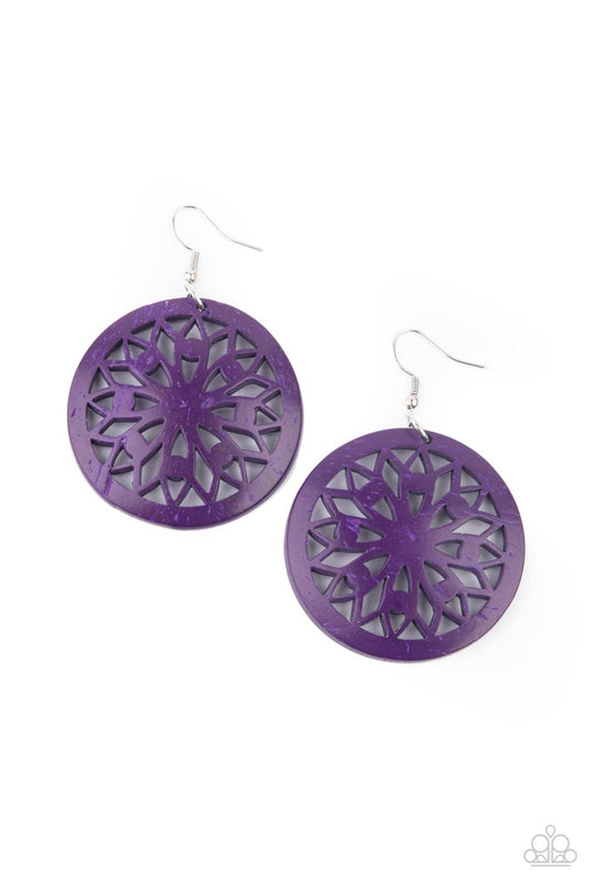 Ocean Canopy - Purple Wood Fashion Earrings - Paparazzi Acccessories - Bejeweled Accessories By Kristie - A bold mandala-inspired design is carved out of an oversized purple disc creating an eye-catching statement. Earring attaches to a standard fishhook fitting. Sold as one pair of earrings.