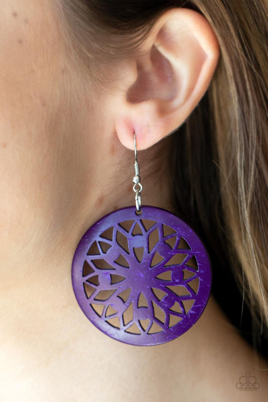 Ocean Canopy - Purple Wood and Silver Earrings - A bold mandala-inspired design is carved out of an oversized purple disc creating an eye-catching statement. Earring attaches to a standard fishhook fitting. Sold as one pair of earrings. Trendy fashion jewelry for everyone.