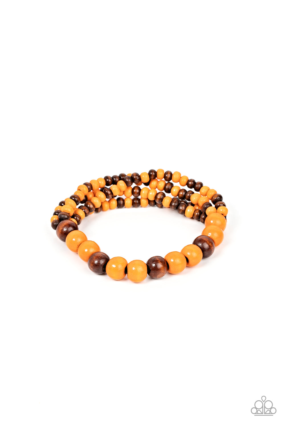 Oceania Oasis - Orange and Brown Wood Bracelet - Paparazzi Accessories - Stretchy strands of dainty brown and orange wood beads attach to a single strand of oversized brown and orange wood beads, resulting in colorful layers around the wrist.