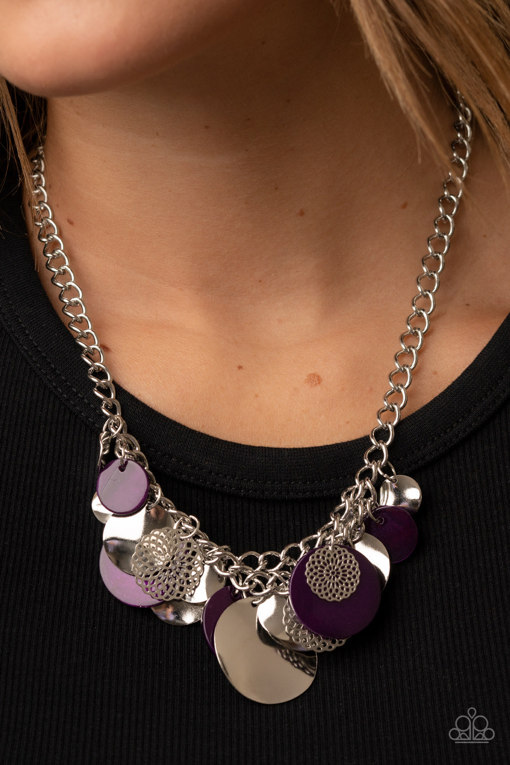 Oceanic Opera - Purple Plum and Silver Necklace - Paparazzi Accessories - A summery collection of bent silver discs, plum shell-like discs, and silver mandala-like accents cascades from a pair of layered silver chains, resulting in a bubbly and boisterous fringe below the collar. Features an adjustable clasp closure. Sold as one individual necklace.