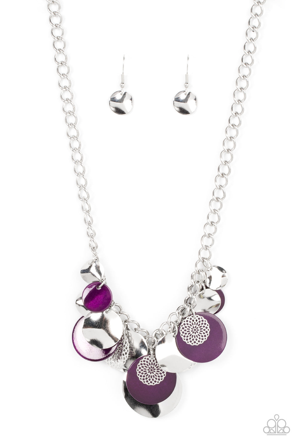 Oceanic Opera - Purple and Silver Necklace - Paparazzi Accessories - A summery collection of bent silver discs, plum shell-like discs, and silver mandala-like accents cascades from a pair of layered silver chains, resulting in a bubbly and boisterous fringe below the collar. Features an adjustable clasp closure. Sold as one individual necklace.