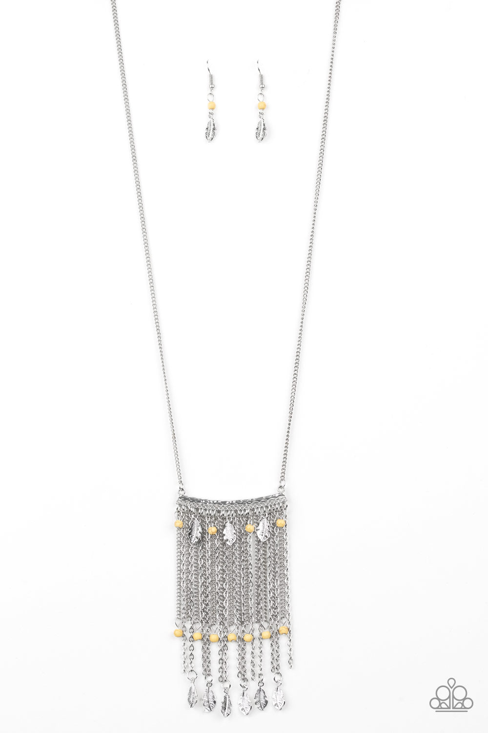 On The Fly - Yellow and Silver Necklace - Paparazzi Accessories - Attached to a lengthened silver chain, a hammered silver bar gives way to a fringe of shimmery silver chain, yellow stone beads, and silver feather frames for a seasonal look. Features an adjustable clasp closure. Sold as one individual necklace.