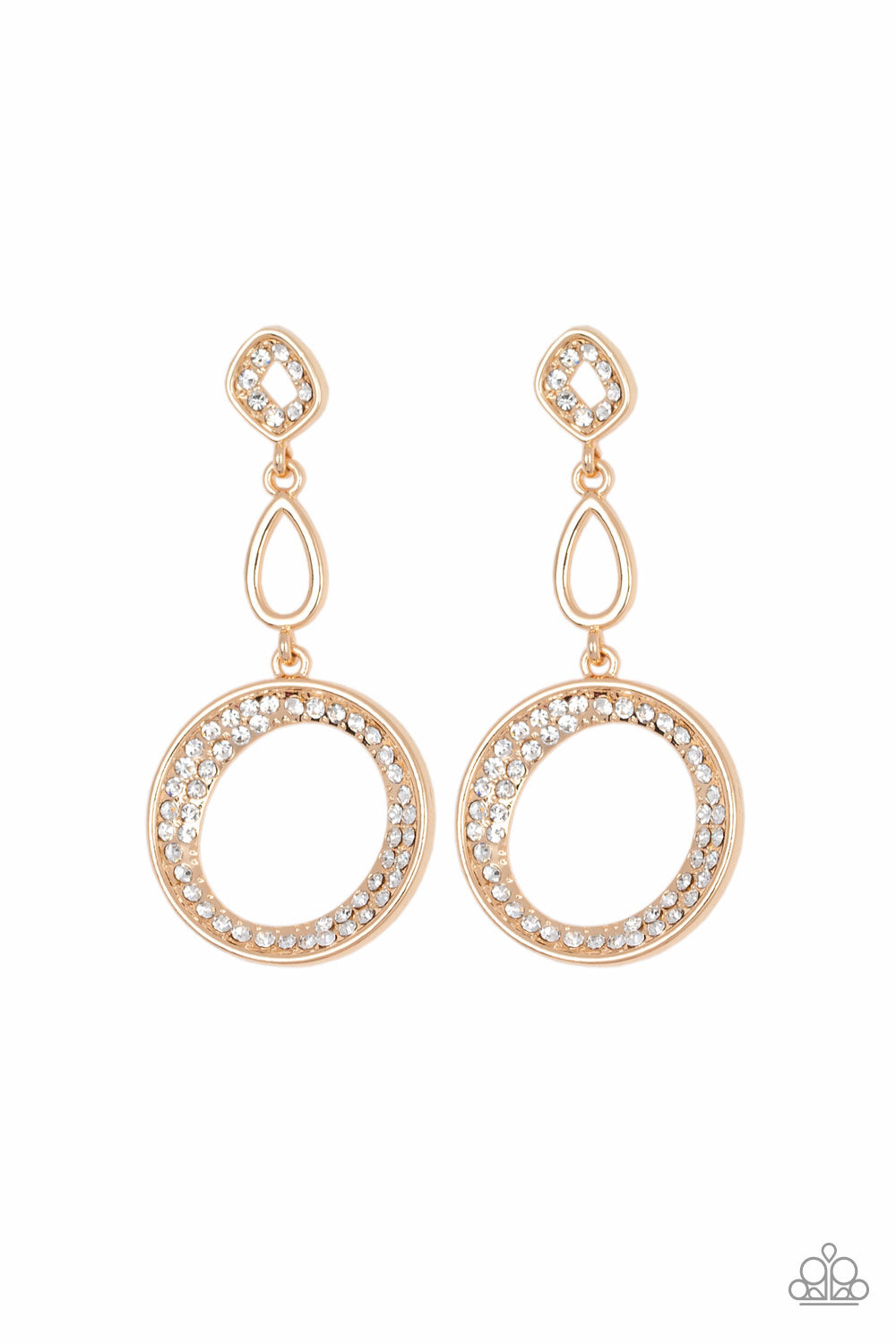 On The Glamour Scene - Gold Earrings - Paparazzi Accessories - Rows of glassy white rhinestones, mismatched beveled gold frames link with a golden teardrop as they trickle from the ear, coalescing into a glamorous lure. Earring attaches to a standard post fitting.