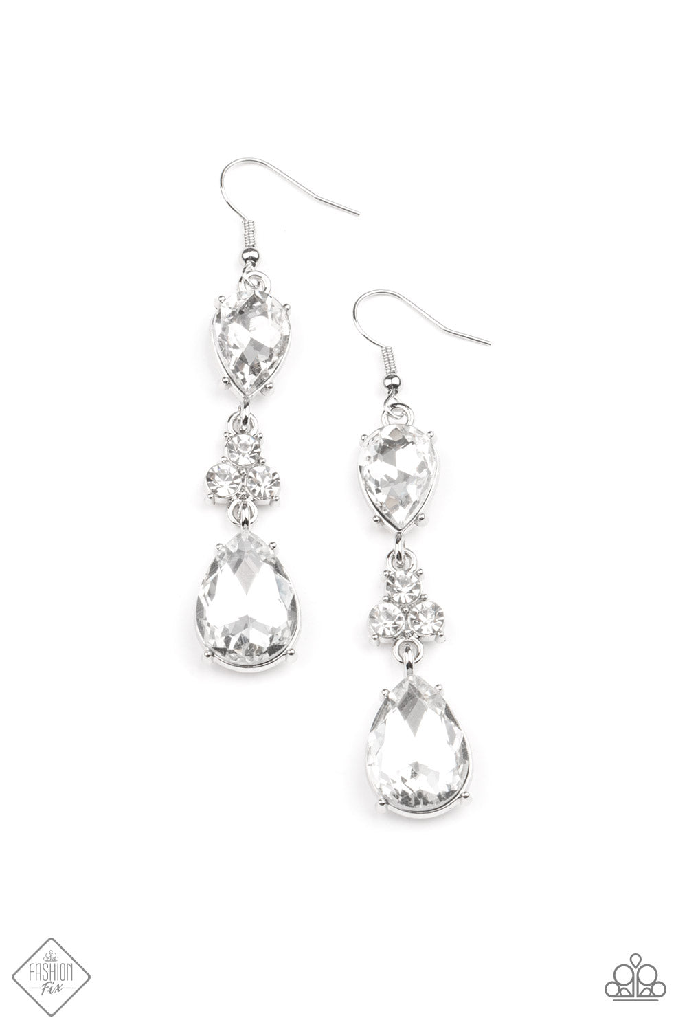 Once Upon a Twinkle - Silver Earrings - Paparazzi Accessories -
A trio of dazzling white rhinestones unites two white teardrop gems as they dangle brilliantly from the ear for a flawless finish. Earring attaches to a standard fishhook fitting. Sold as one pair of earrings.

