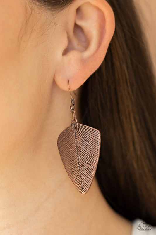 One Of The Flock - Copper Feather Earrings - Paparazzi Accessories - Stamped in antiqued details, a dainty copper feather delicately swings from the ear for a rustic look. Earring attaches to a standard fishhook fitting fashion earrings. Trendy fashion jewelry for everyone.