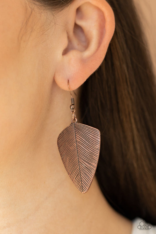 One Of The Flock - Copper Feather Earrings - Paparazzi Accessories - Stamped in antiqued details, a dainty copper feather delicately swings from the ear for a rustic look.