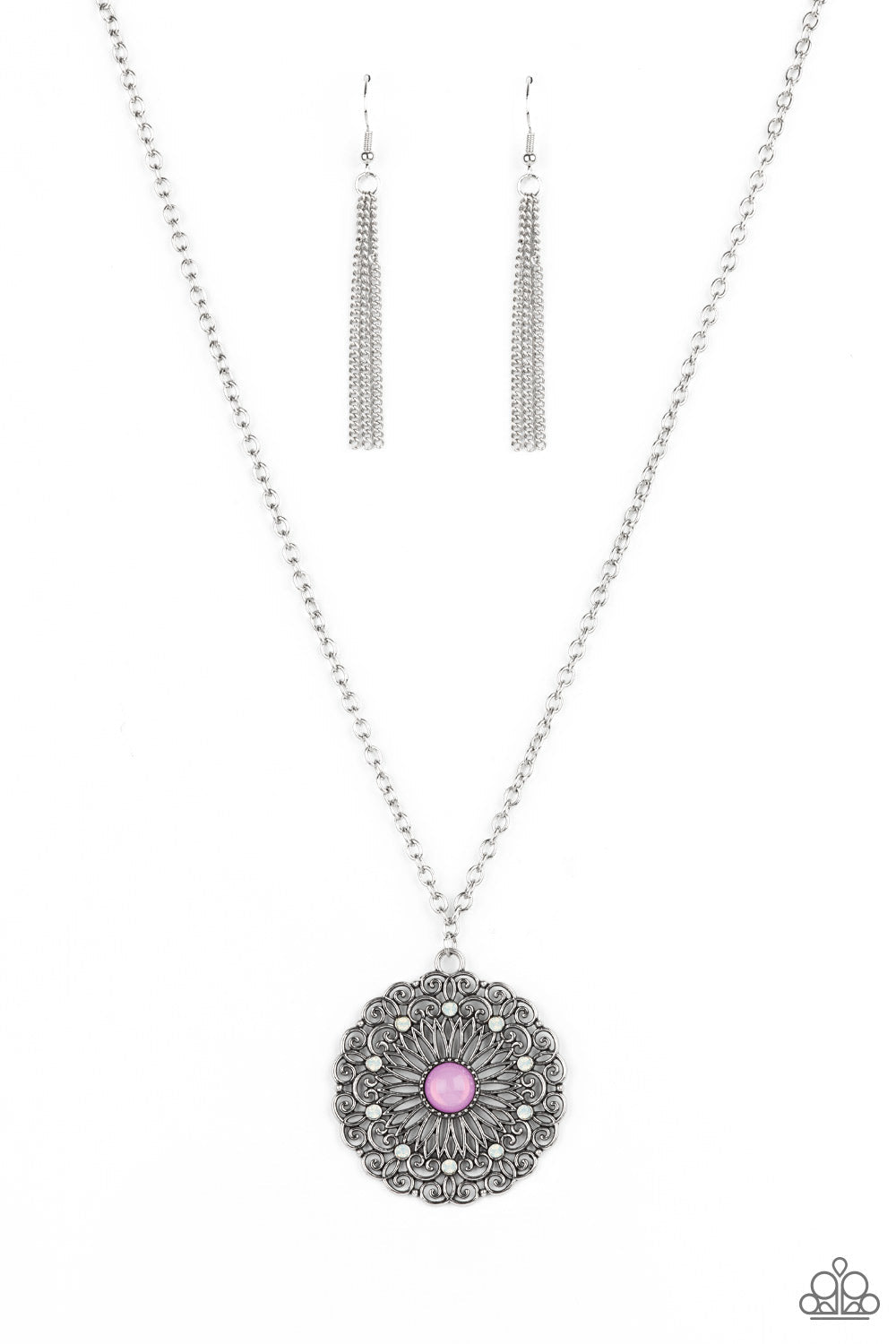 Opal Gardens - Purple and Silver Fashion Necklace - Paparazzi Accessories - Dotted in dainty opalescent beads, stacks of whimsical silver petals bloom from a purple opal beaded center, creating a decorative floral pendant at the bottom of a lengthened silver chain. Features an adjustable clasp closure.