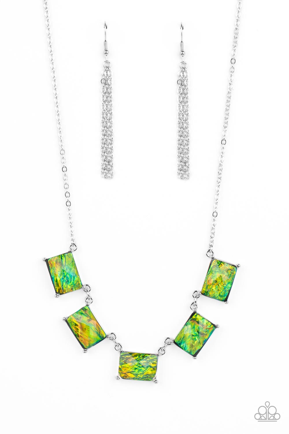 Opalescent Oblivion - Green Gem and Silver Necklace - Paparazzi Accessories - Refracted shimmer and an opalescent finish, a collection of emerald-cut, glassy green gems link along the collar to create a hypnotic pop of color. Each gem is pressed into a silver frame with pronged fittings, bringing a touch of metallic grit to the design necklace.