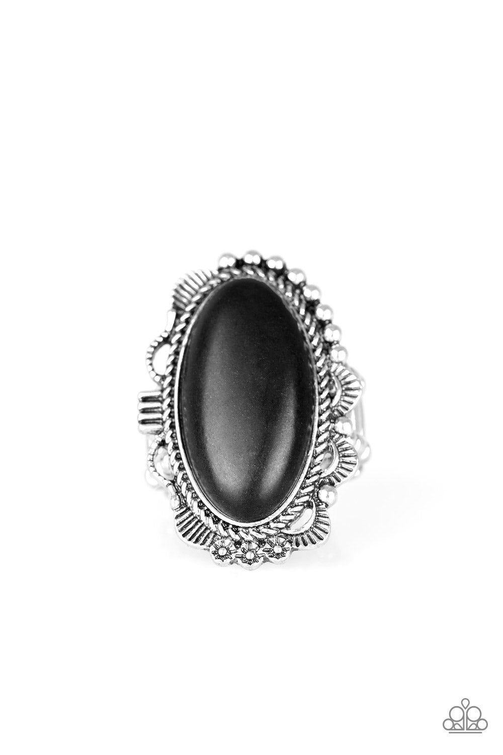 Open Range - Black and Silver Stone Ring - Paparazzi Accessories - An earthy black stone is pressed into an ornate silver frame rippling with studded and serrated textures for a seasonal flair. Features a stretchy band for a flexible fit. Sold as one individual ring.