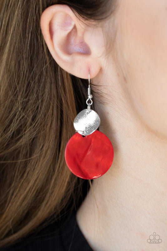 Opulently Oasis - Red and Silver Earrings - Paparazzi Accessories - An oversized shell-like disc is topped by a wavy, sparkling silver disc. Earring attaches to a standard fishhook fitting. Sold as one pair of fashion earrings.
