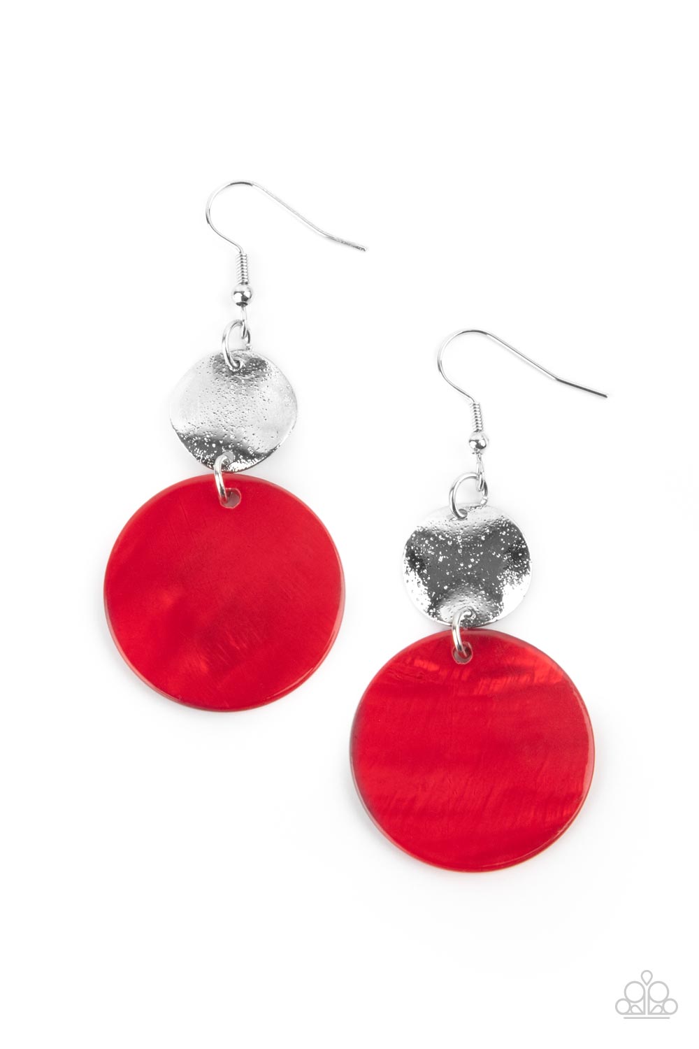 Opulently Oasis - Red and Silver Fashion Earrings - Paparazzi Jewelry - Bejeweled Accessories By Kristie - An oversized shell-like disc is topped by a wavy, sparkling silver disc. Earring attaches to a standard fishhook fitting. Sold as one pair of fashion earrings.