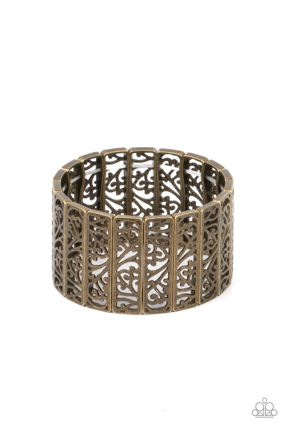 Ornate Orchards - Brass Bracelet - Paparazzi Accessories - Filled with vine-like filigree centers, dainty brass rectangular frames are threaded along stretchy bands around the wrist for a seasonal inspired fashion. Sold as one individual bracelet.