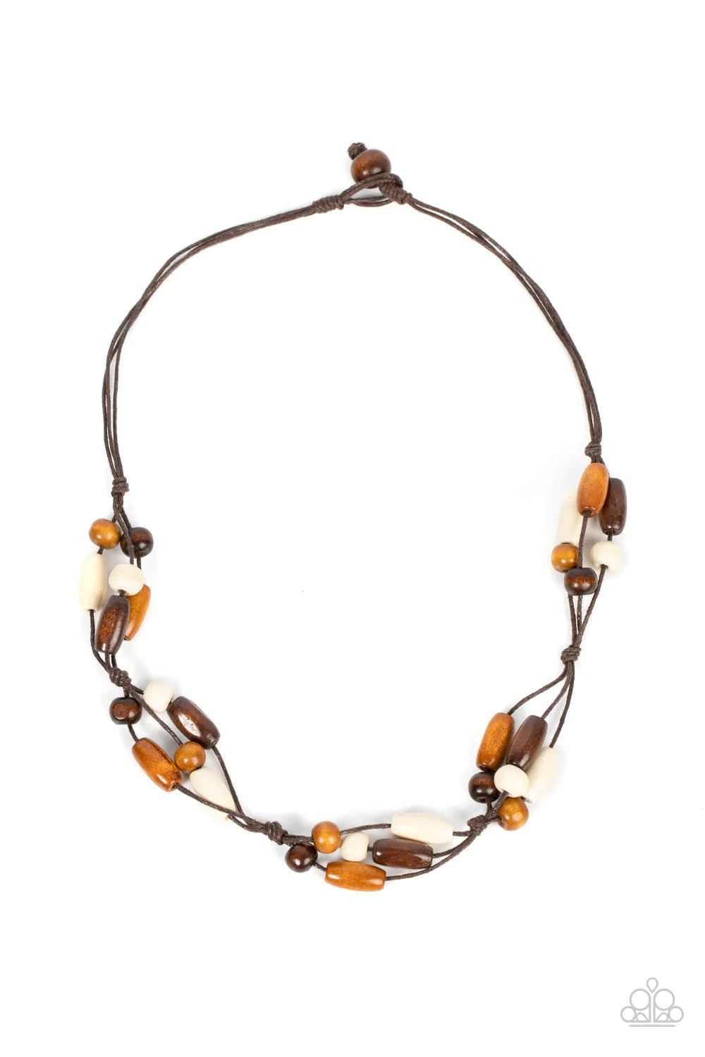 Outback Epic - Brown Necklace - Paparazzi Accessories - Mismatched clusters of brown, white, and dark brown wooden beads are knotted in place along shiny brown cords below the collar for an earthy flair. Features a button loop closure. Sold as one individual necklace.
