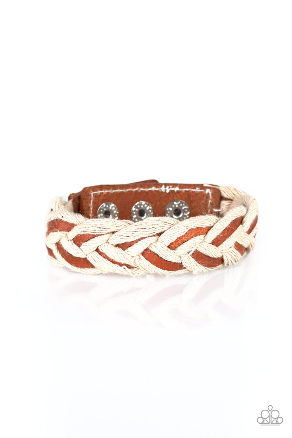 Outback Outlaw - Brown Urban Snap Bracelet - Paparazzi Accessories -
Brown leather laces weave with white rope-like thread across the wrist, creating a rustic braid. Features an adjustable snap closure.
Sold as one individual bracelet.