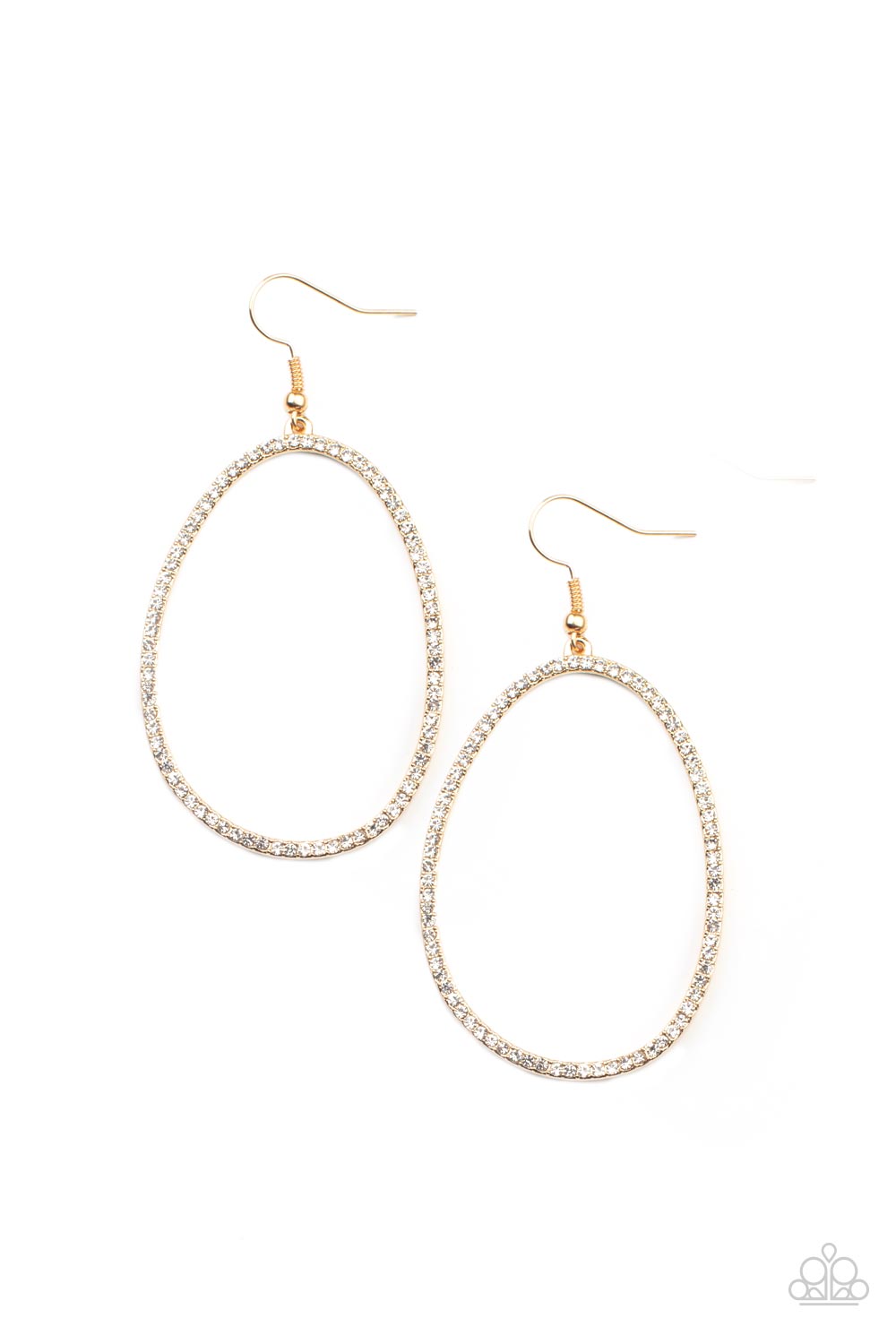 OVAL-ruled! - Gold - and White Fashion Earrings - Paparazzi Accessories - Dotted in dainty white rhinestones, an asymmetrical oval gold frame swings from the ear for a sassy look. Fashion earring attaches to a standard fishhook fitting. Bejeweled Accessories By Kristie - Trendy fashion jewelry for everyone -