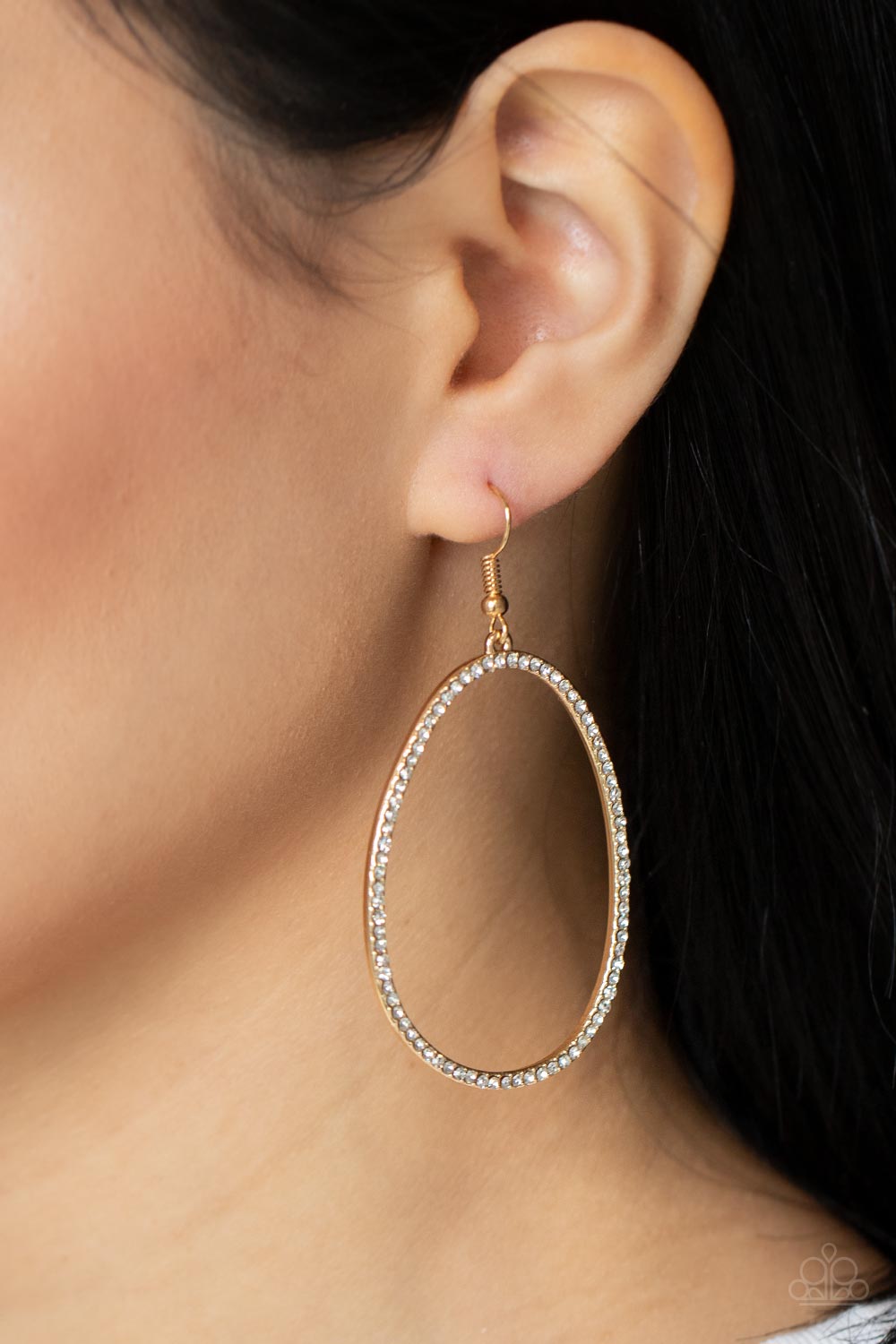 OVAL-ruled! - Gold and White Rhinestones Earrings - Paparazzi Accessories - Dotted in dainty white rhinestones, an asymmetrical oval gold frame swings from the ear for a sassy look. Fashion earring attaches to a standard fishhook fitting. Bejeweled Accessories By Kristie - Trendy fashion jewelry for everyone -