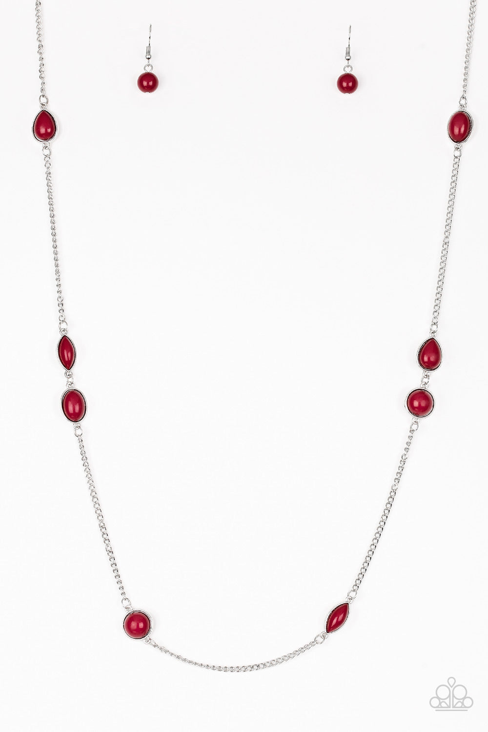 Pacific Piers - Red and Silver Necklace - Paparazzi Accessories - Featuring round and teardrop shapes, rich red beading trickles along an elongated silver chain for a seasonal look. Features an adjustable clasp closure. Sold as one individual necklace.