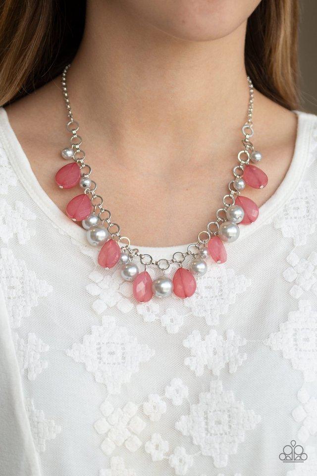 Pacific Posh - Opaque Pink and Silver Necklace - Paparazzi Accessories - A refined collection of opaque pink teardrops and pearly silver beads swing from shimmery silver links below the collar, creating a fabulous fringe. Features an adjustable clasp closure. Sold as one individual necklace.