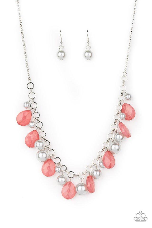 Pacific Posh - Opaque Pink and Silver Necklace - Paparazzi Accessories - A refined collection of opaque pink teardrops and pearly silver beads swing from shimmery silver links below the collar, creating a fabulous fringe. Features an adjustable clasp closure. Sold as one individual necklace. 
