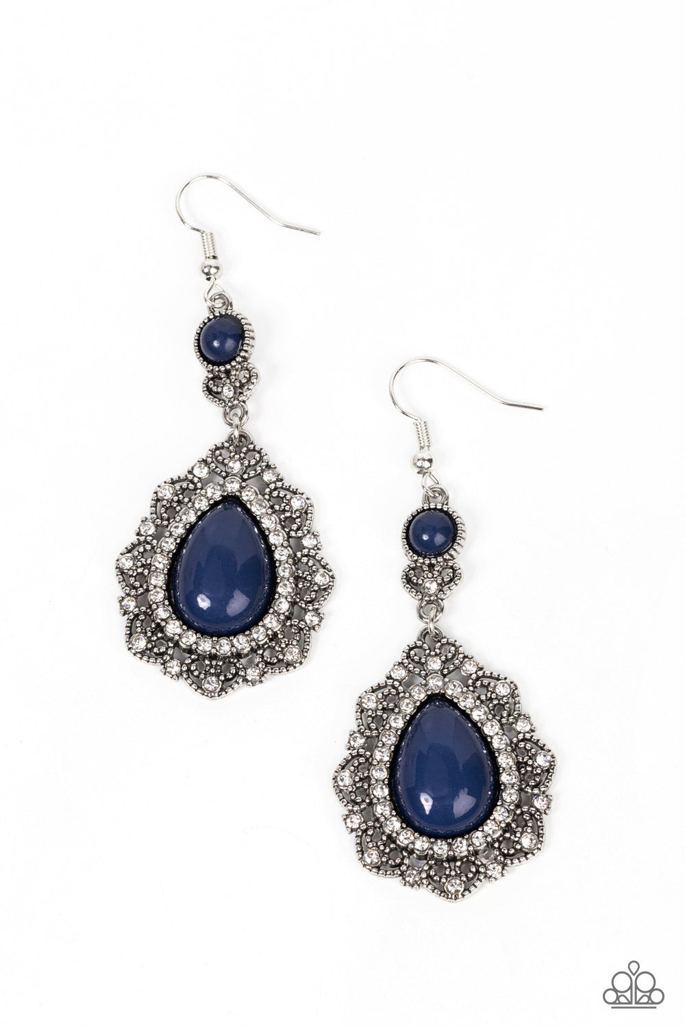 Palace Bribe - Blue and Silver Earrings - Paparazzi Accessories - An oversized Rhodonite teardrop bead is bordered in a ring of glassy white rhinestones atop a silvery backdrop of a white rhinestone dotted heart motif. The charming frame swings from a matching beaded and rhinestone encrusted fitting, resulting in a romantic dash of color. Earring attaches to a standard fishhook fitting. Sold as one pair of earrings.