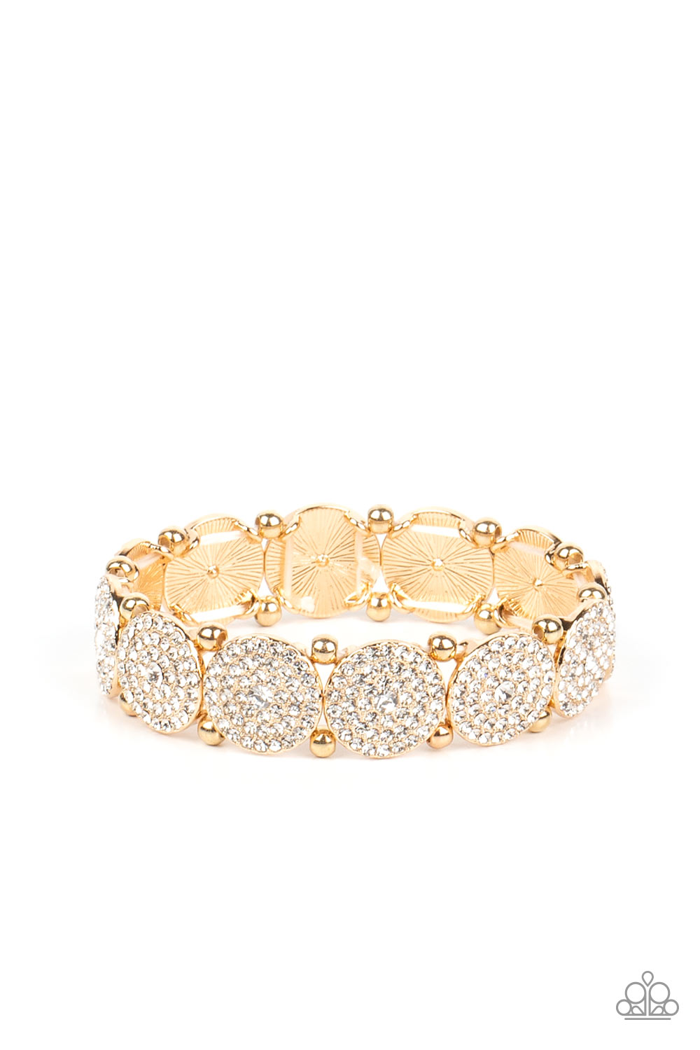 Palace Intrigue - Gold Stretchy Fashion Bracelet - Paparazzi Accessories - Icy white rhinestone encrusted gold frames glitter along stretchy bands around the wrist for a timeless twinkle fashion bracelet.