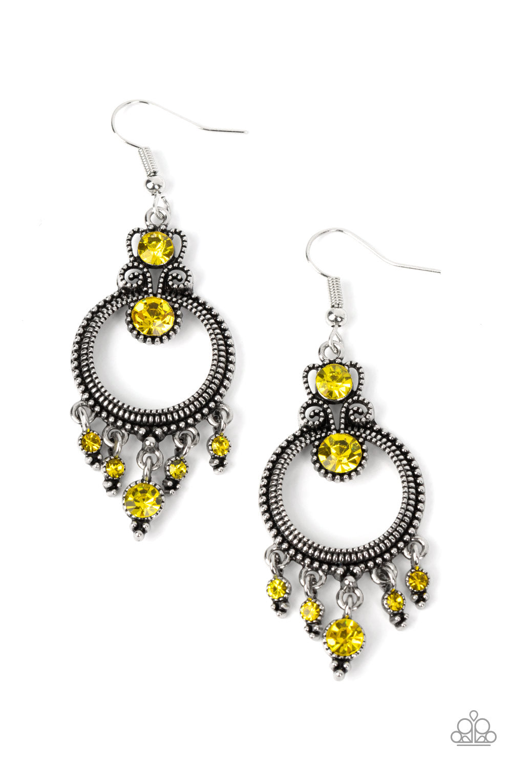 Palace Politics - Yellow Earrings - Paparazzi Accessories - Sparkling with a pair of brilliant yellow rhinestones, a studded filigree accent attaches to the top of a studded silver hoop brimming with antiqued textures. A dainty collection of yellow rhinestones twinkles from the bottom of the frame, resulting in a glittery fringe. Earring attaches to a standard fishhook fitting. Sold as one pair of earrings.