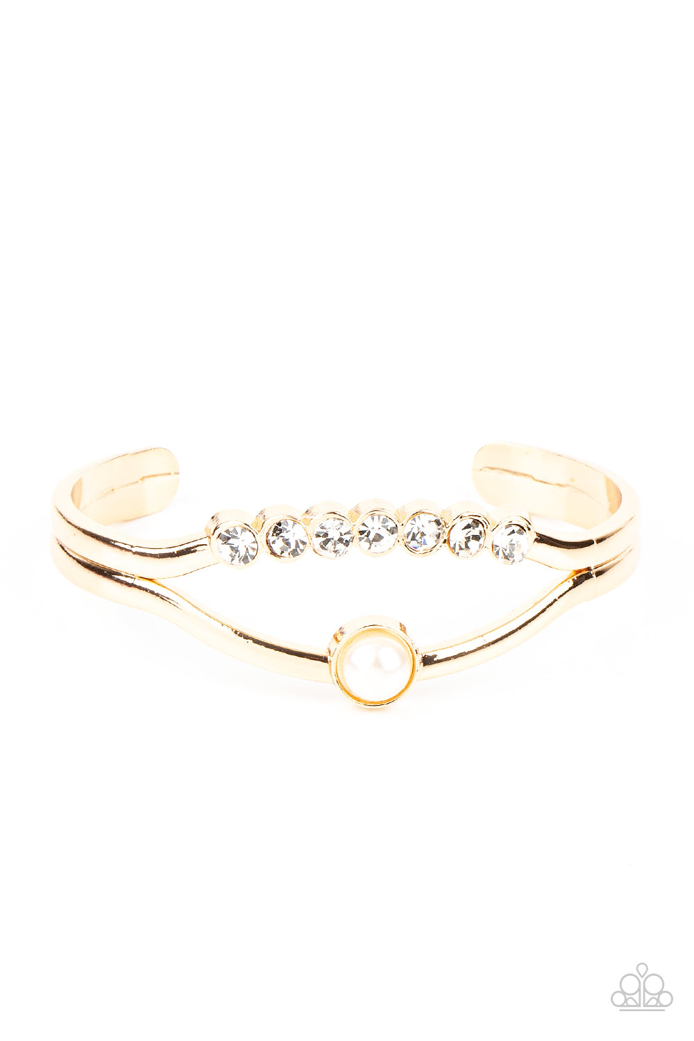 Palace Prize - Gold Pearl Bracelet - Paparazzi Accessories - A row of glassy white rhinestones and a solitaire white pearl adorn the layered center of a classic gold cuff, creating a timeless piece around the wrist. Sold as one individual bracelet.