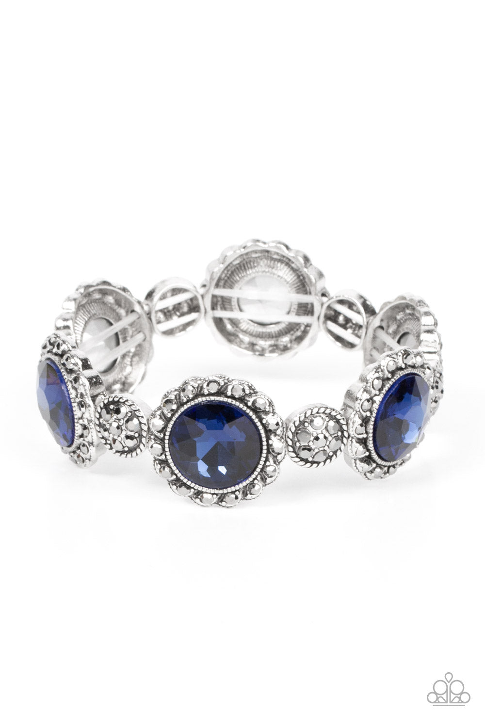 Palace Property - Blue and Silver Bracelet - Paparazzi Accessories - An oversized blue rhinestone adorns the center of a hematite rhinestone petaled floral frame. Infused with hematite dotted silver accents, the glitzy floral frames sparkle along stretchy bands around the wrist for a glamorous finish. Sold as one individual bracelet.
