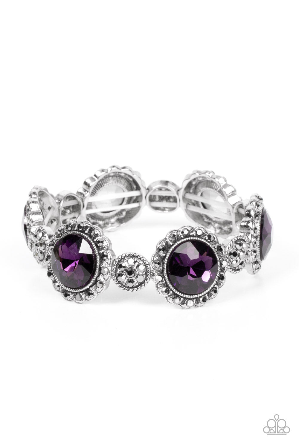 Palace Property - Purple and Silver Bracelet - Paparazzi Accessories - An oversized purple rhinestone adorns the center of a hematite rhinestone petaled floral frame. Infused with hematite dotted silver accents, the glitzy floral frames sparkle along stretchy bands around the wrist for a glamorous finish. Sold as one individual bracelet.