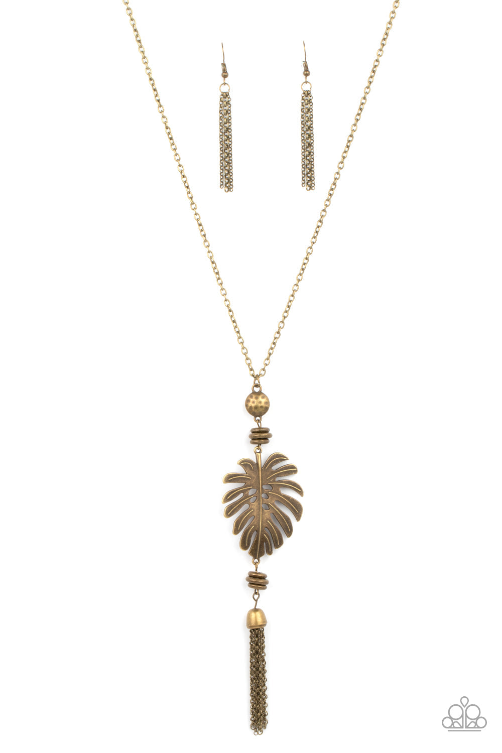 ​Palm Promenade - Brass Palm Leaf Necklace - Paparazzi Accessories - 
Infused with brass beaded accents, a lifelike brass palm leaf frame attaches to the bottom of a rustic brass chain. An antiqued brass chain tassel swings from the bottom, adding flirtatious movement to the summery statement piece. Features an adjustable clasp closure.
Sold as one individual necklace. Includes one pair of matching earrings.
