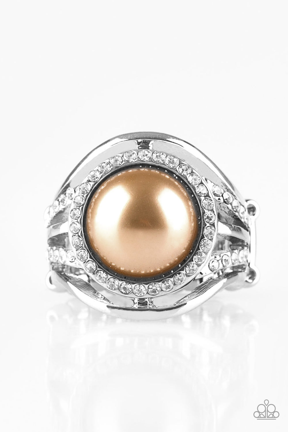 Pampered In Pearls - Brown and Silver Ring - Paparazzi Accessories - Shiny silver bands and white rhinestone encrusted bands flare from a brown pearl drop center for a glamorous look. Features a stretchy band for a flexible fit. Sold as one individual ring.