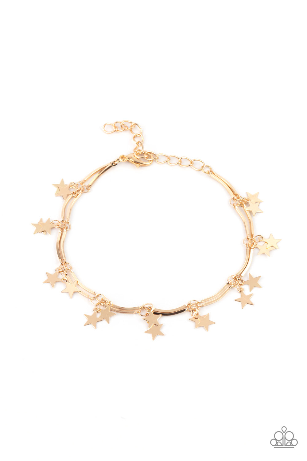 Party in the USA - Gold Star Bracelet - Paparazzi Accessories - A collection of dainty gold stars and curved gold bars delicately connect around the wrist, creating a stellar fringe.