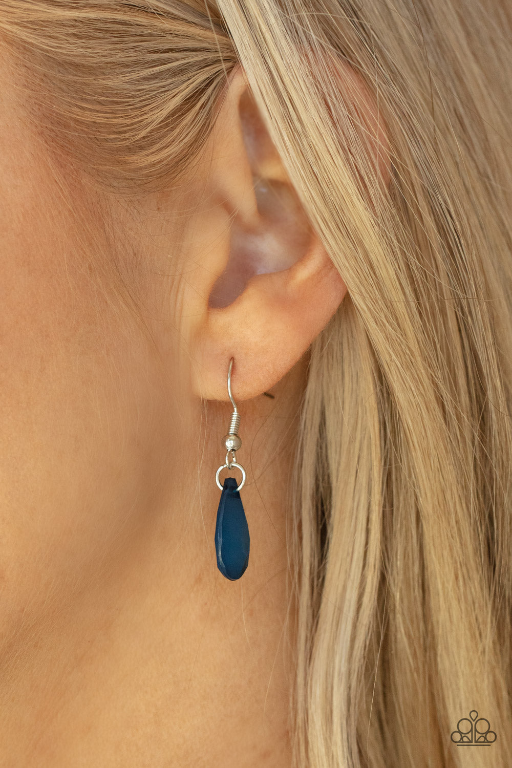 Party Paradise - Blue and Silver Necklace - Paparazzi Accessories -A silver chain of blue teardrops gives way to an oversized blue teardrop pendant for an enchanting pop of color below the collar. Features an adjustable clasp closure. 