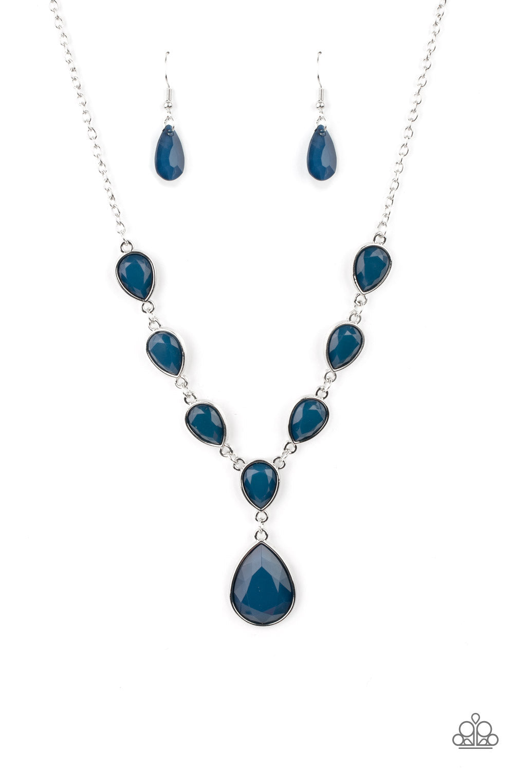 Party Paradise - Blue and Silver Fashion Necklace - Paparazzi Accessories - A silver chain of blue teardrops gives way to an oversized blue teardrop pendant for an enchanting pop of color below the collar. Features an adjustable clasp closure.