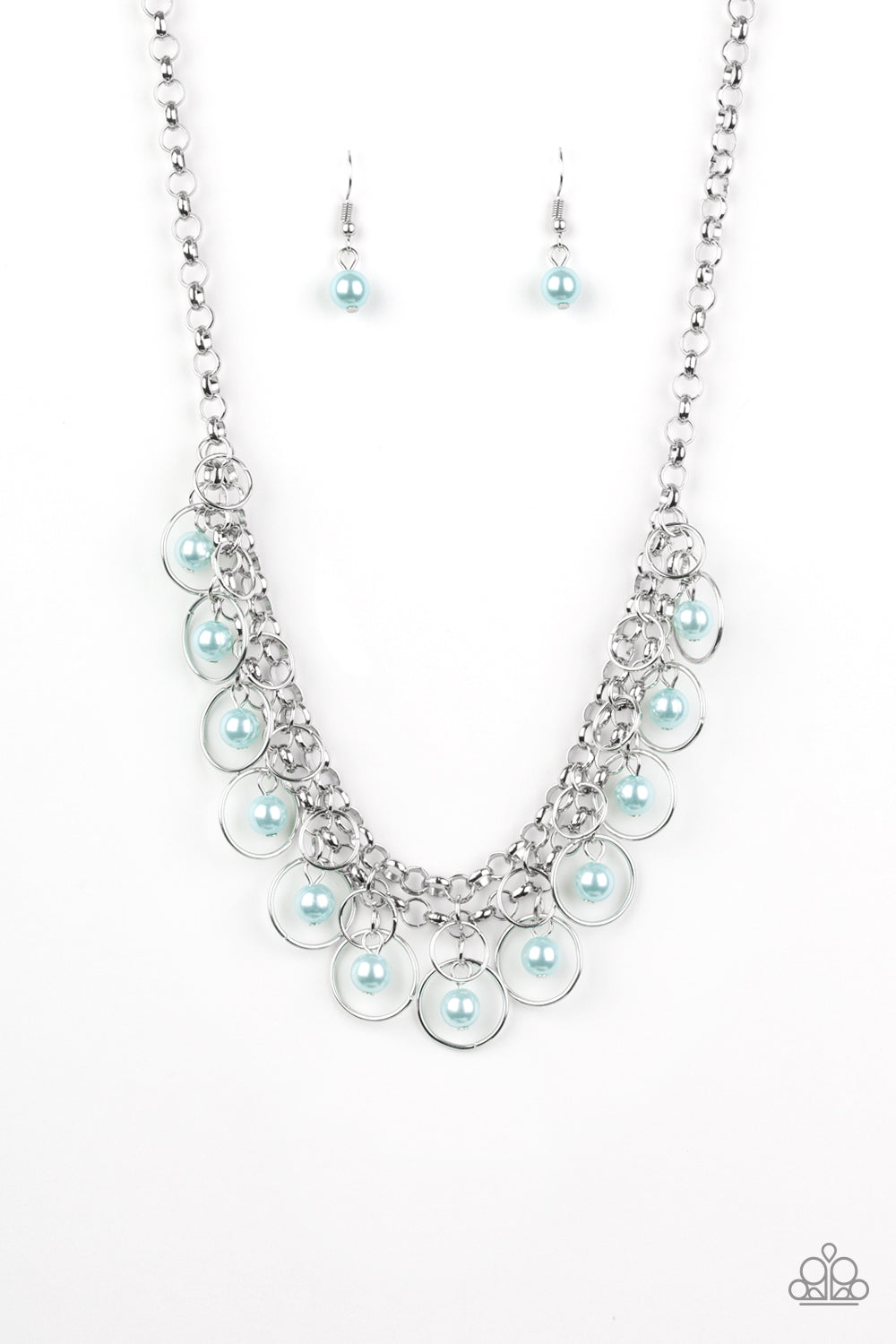 Party Time - Blue and Silver Fashion Necklace  - Paparazzi Accessories - A collection of airy silver hoops and bubbly blue pearls swing from the bottom of interlocking silver chains, creating a flirtatious fringe below the collar. Features an adjustable clasp closure. Sold as one individual necklace.