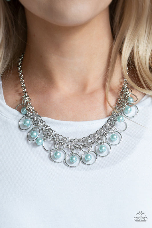 Party Time - Blue and Silver Necklace - Paparazzi Accessories - Silver hoops and bubbly blue pearls swing from the bottom of interlocking silver chains, creating a fringe below the collar fashion necklace. Features an adjustable clasp closure.