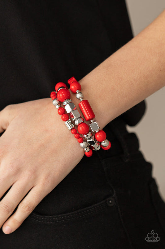 Perfectly Prismatic - Red and Silver - Stretchy Bracelets - Paparazzi Accessories - Round and cube colorful collection of Red Maple and silver beads are threaded along stretchy bands around the wrist, creating vivacious layers. Sold as one set of three bracelets. 