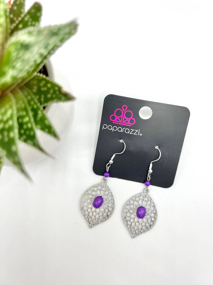 Perky Perennial - Purple Floral Earrings - Airy silver petals bloom from an oval purple beaded center at the bottom of a solitaire purple bead, resulting in a colorful floral lure. Earring attaches to a standard fishhook fitting. Sold as one pair of earrings.