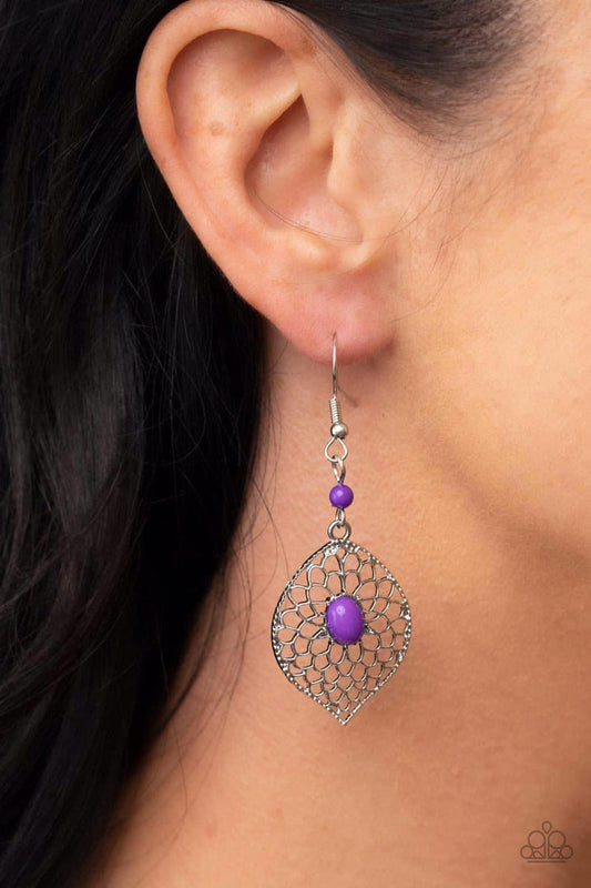 Perky Perennial - Purple Floral Earrings - Airy silver petals bloom from an oval purple beaded center at the bottom of a solitaire purple bead, resulting in a colorful floral lure. Earring attaches to a standard fishhook fitting. Sold as one pair of earrings.