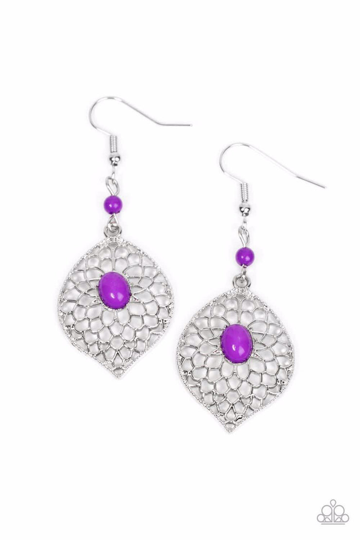 Perky Perennial - Purple Floral Earrings - Airy silver petals bloom from an oval purple beaded center at the bottom of a solitaire purple bead, resulting in a colorful floral lure. Earring attaches to a standard fishhook fitting. Sold as one pair of earrings.