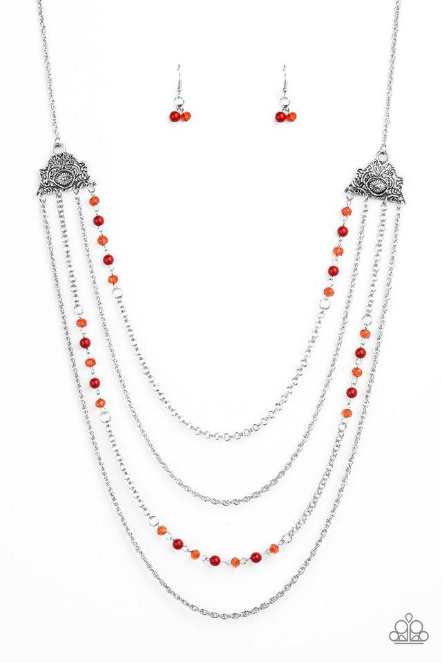 Pharaoh Finesse - Red and Silver Necklace - Paparazzi Accessories - Attached to two ornate floral silver fittings, shimmery silver chains and strands of polished red and glassy crystal-like beads cascade across the chest for a whimsically layered look. Features an adjustable clasp closure. Sold as one individual necklace.