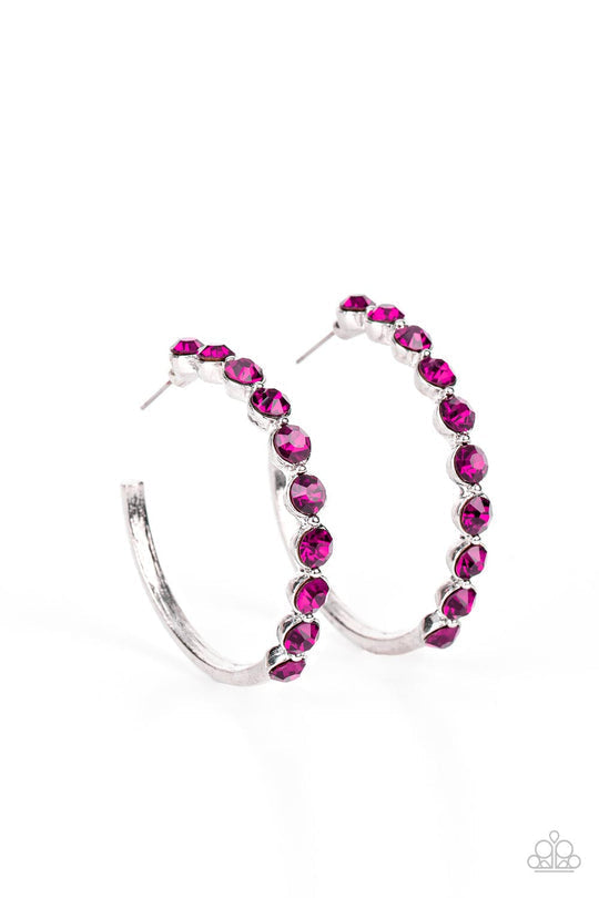 Photo Finish - Pink Bling - Silver Hoop Earrings - Paparazzi Accessories - The front of a bold silver hoop is encrusted in flamboyant Fuchsia Fedora rhinestones, creating a glamorous pop of sparkle. Earring attaches to a standard post fitting. Hoop measures approximately 1 3/4" in diameter.