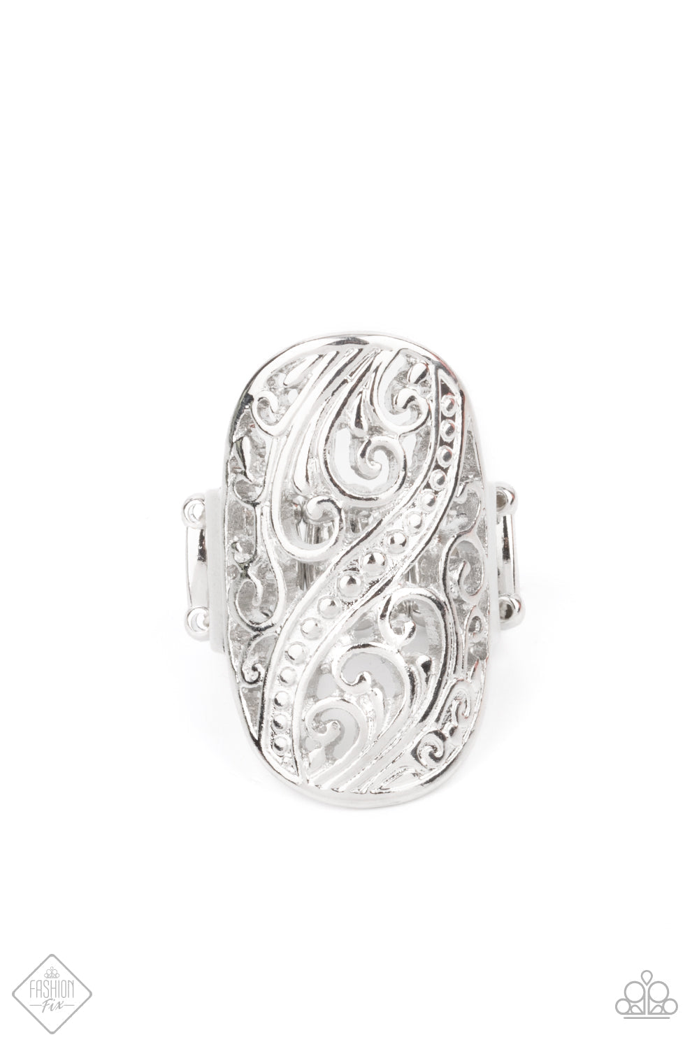Pier Paradise - Silver Botanical Ring - Paparazzi Accessories - Antiqued silver finish, elegant frills and dotted designs swirl across an airy oval frame for a blossoming botanical allure fashion ring.