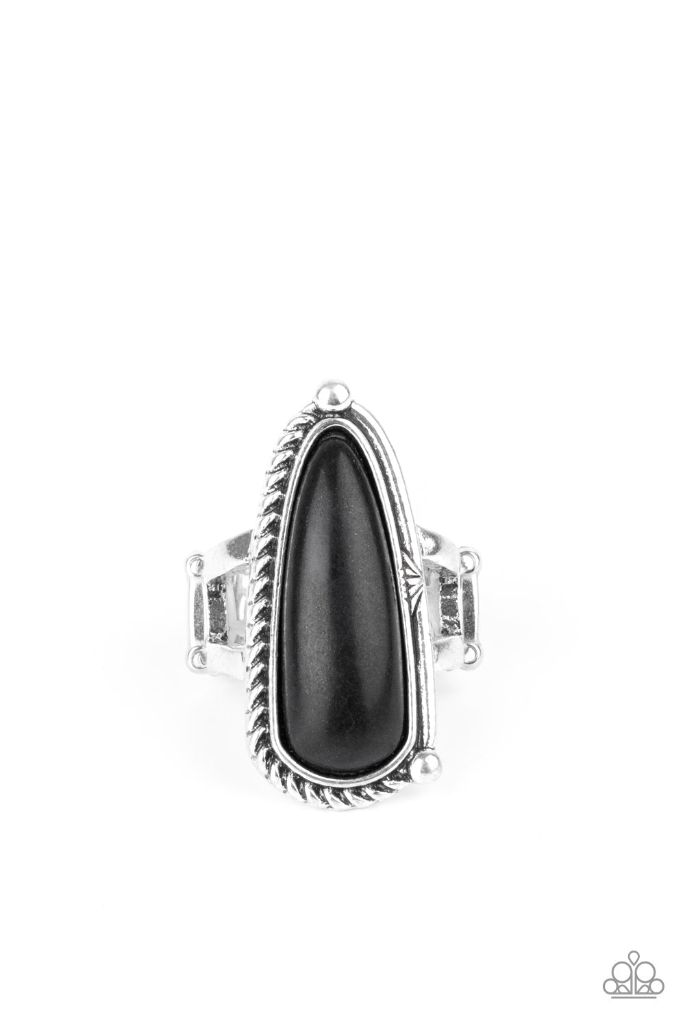 Pioneer Plains - Black and Silver Ring - Paparazzi Jewelry - Bejeweled Accessories By Kristie - Chiseled into an oblong teardrop shape, an earthy black stone is pressed into an asymmetrically patterned silver frame for an artisan inspired look. Features a stretchy band for a flexible fit. Sold as one individual ring.