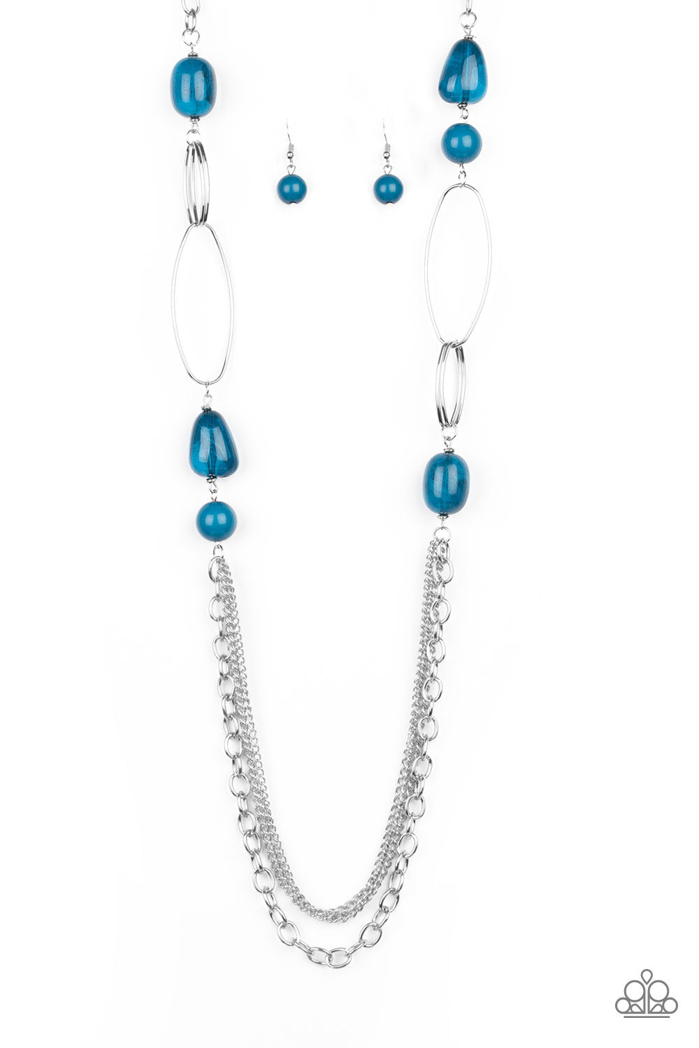 Pleasant Promenade - Blue and Silver Necklace - Paparazzi Accessories - Polished and cloudy faux rock finishes, blue beads link with bold silver hoops. The whimsical compilation gives way to layers of mismatched silver chains for a seasonal finish. Features an adjustable clasp closure necklace.
