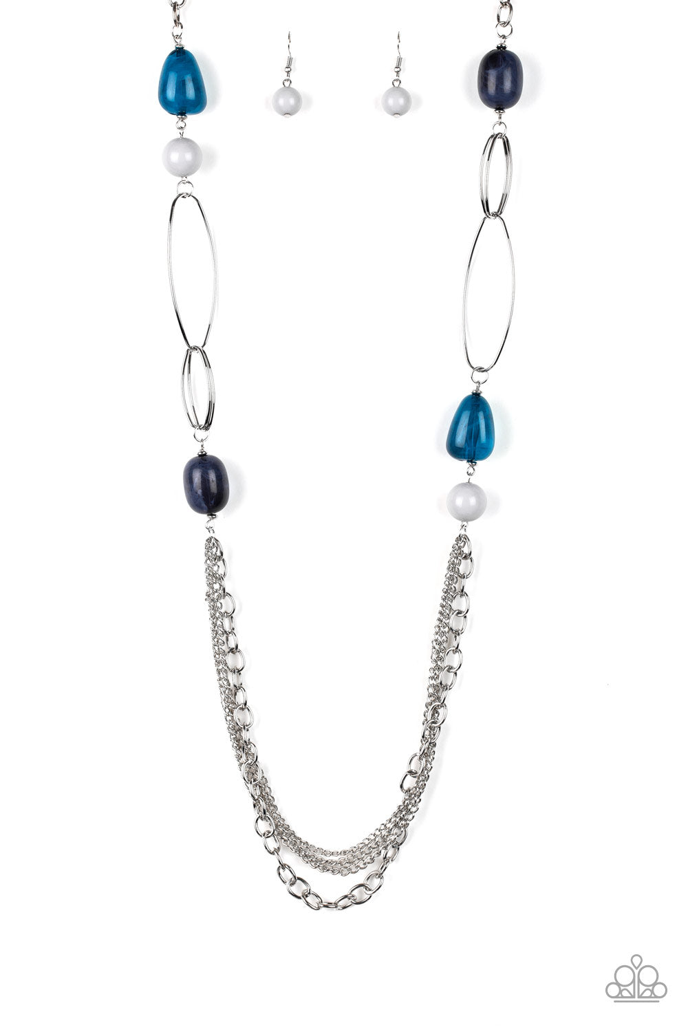 Pleasant Promenade - Multi Blue and Silver Necklace - Paparazzi Accessories - Polished and cloudy faux rock finishes, gray and blue beads link with bold silver hoops. The whimsical compilation gives way to layers of mismatched silver chains for a seasonal finish. Features an adjustable clasp closure. Sold as one individual necklace.