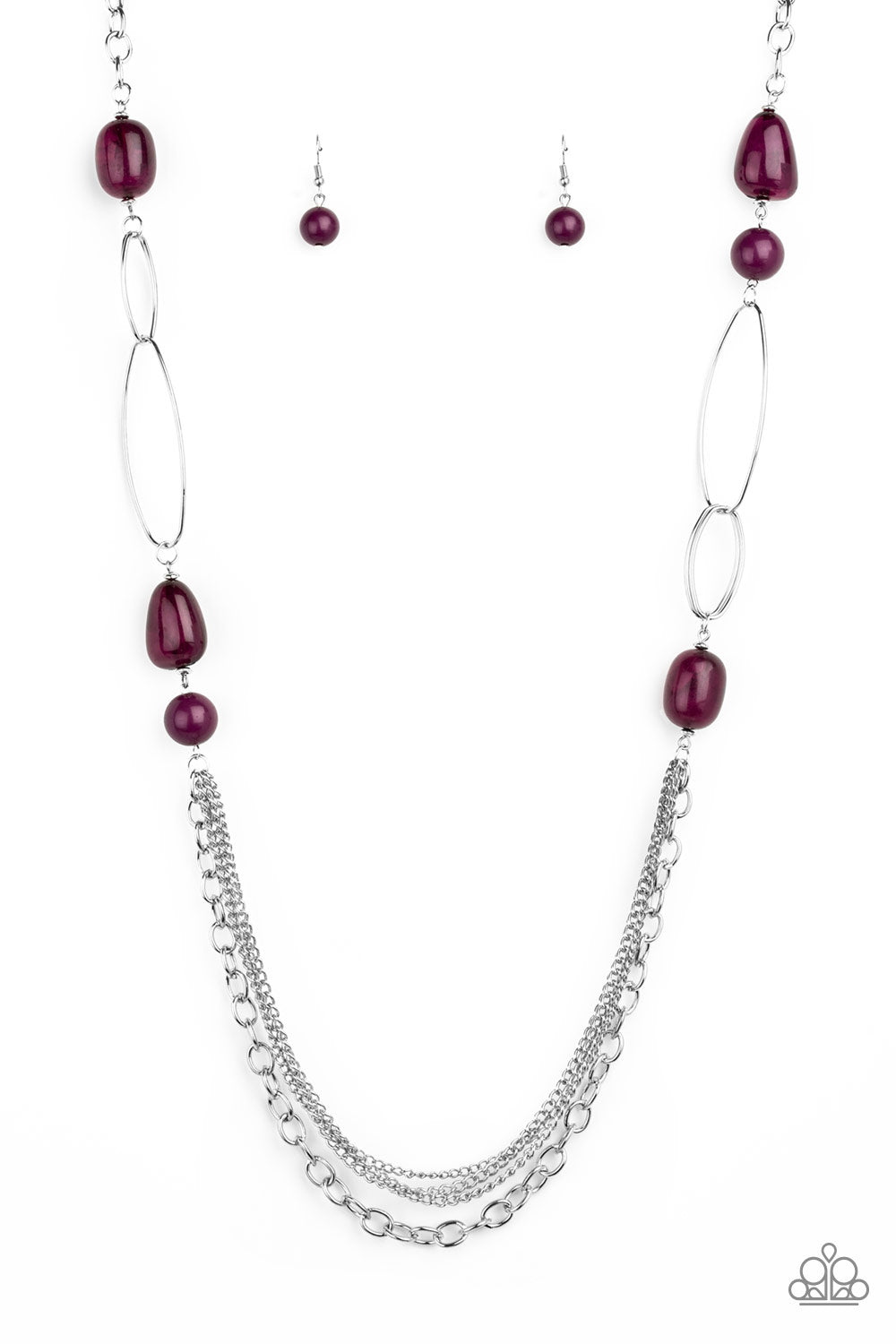 Pleasant Promenade - Purple and Silver Fashion Necklace - Paparazzi Accessories - Polished and cloudy faux rock finishes, Magenta Purple beads link with bold silver hoops. The whimsical compilation gives way to layers of mismatched silver chains for a seasonal finish. Features an adjustable clasp closure. Sold as one individual necklace.